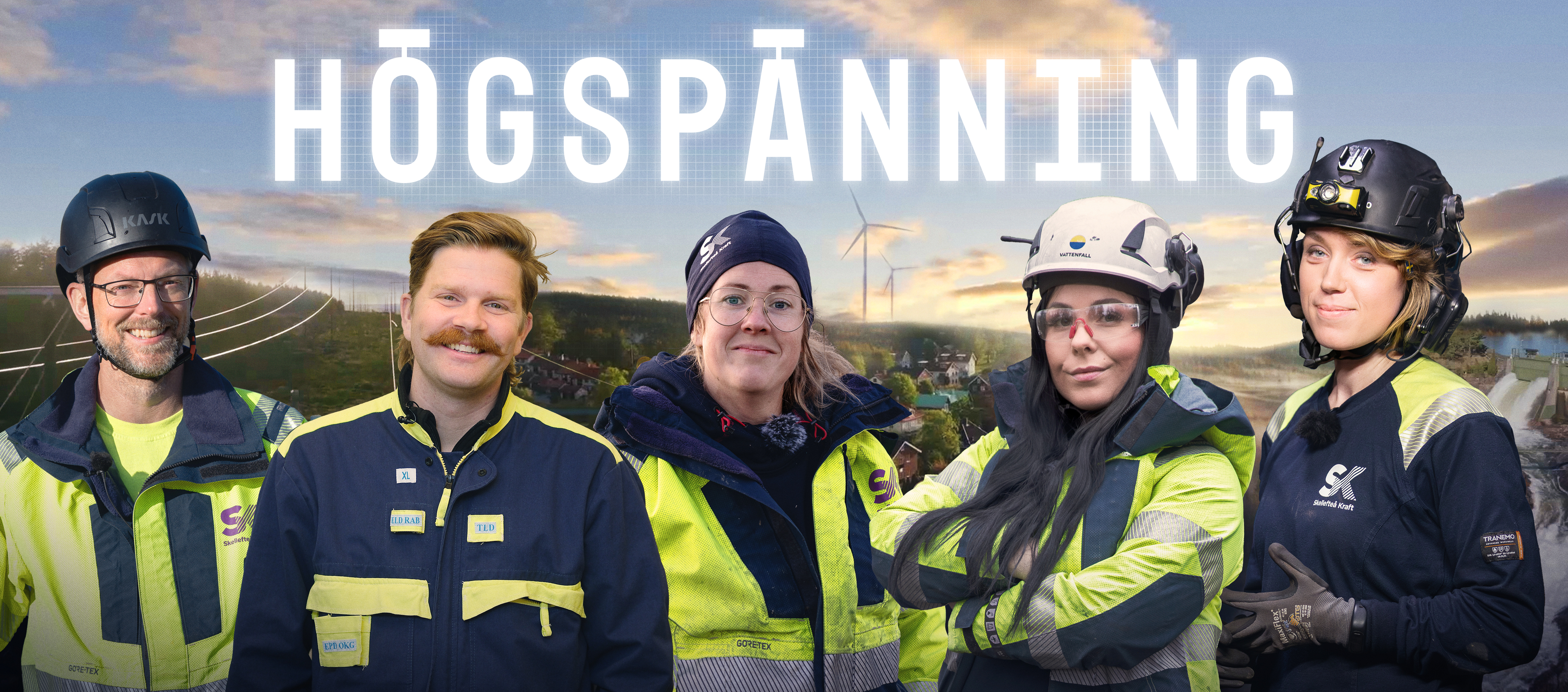 Fem%20av%20Högspänningshjältarna%20framför%20programmets%20namn%20"Högspänning"